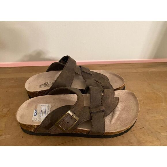 Cliffs Calista size 6 Sandals Brown Double Strap Buckle Cork Footbed Retro Chic - Picture 2 of 7